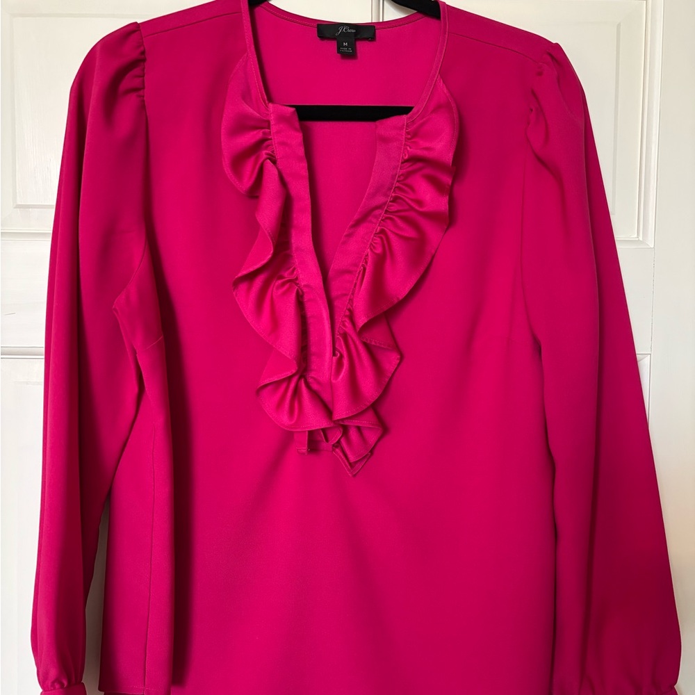 J. Crew Ruffle V-Neck  Crepe Blouse in Fuchsia